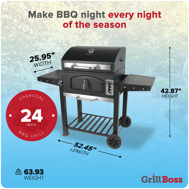 Grill Boss 24 Inch Charcoal BBQ Grill, Side Shelves, Built In Thermometer, Black