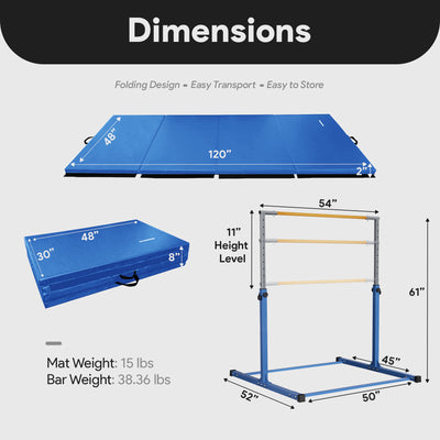 BalanceFrom Fitness 120 x 48 Inch Exercise Mat & Adjustable Gymnastics Bar, Blue - VMInnovations