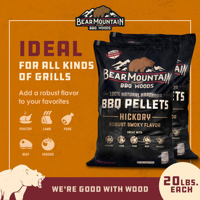 Bear Mountain BBQ All-Natural Hardwood Hickory Smoker Pellets, 20 Lb (2 Pack)