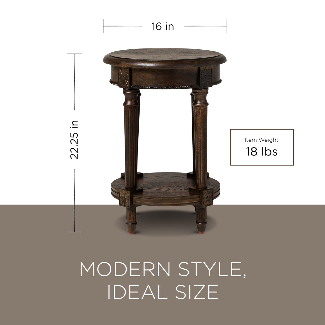 Maven Lane Pullman Traditional Round Wooden Side Table in Antiqued Brown Finish - VMInnovations