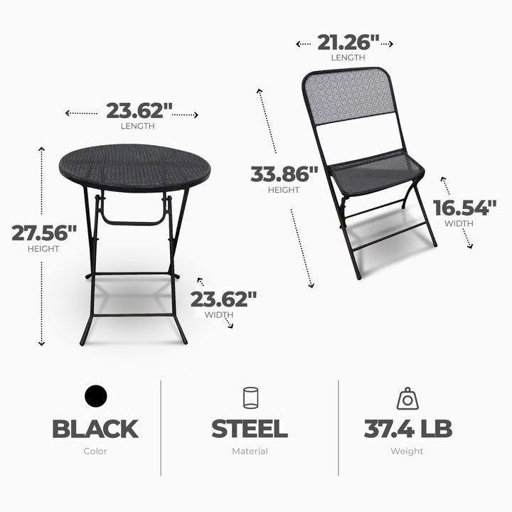 Four Seasons Courtyard Padova Foldable 3 Piece Steel Bistro Dining Set, Black