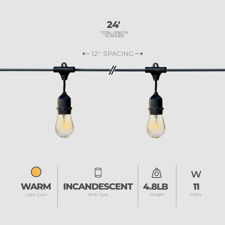 Globe 24 Feet 11 Watts Dublin Incandescent Vintage String 12 Bulb Light Set - VMInnovations