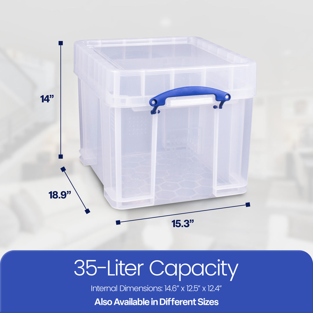 Really Useful Box 35 Liters Transparent Storage Container with Snap Lid, 3 Pack