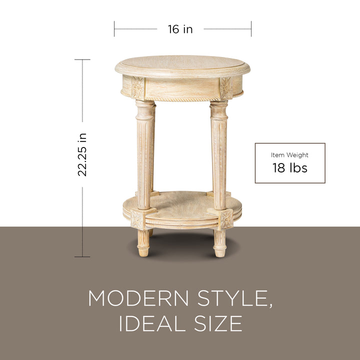 Maven Lane Traditional Round Wooden Side Table in Antiqued White Finish (Used) - VMInnovations