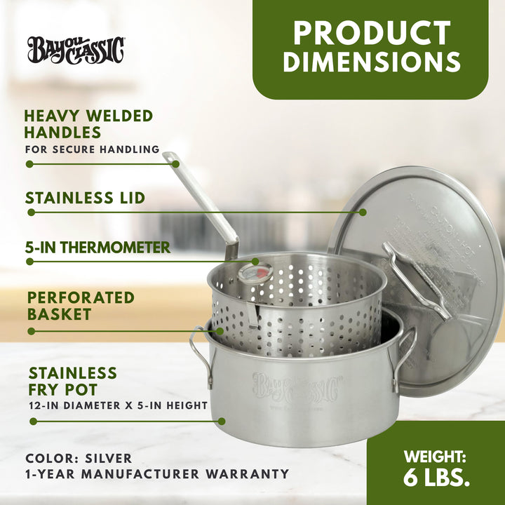 Bayou Classic 10 Quart Stainless Steel Fry Pot w/Perforated Basket & Thermometer - VMInnovations