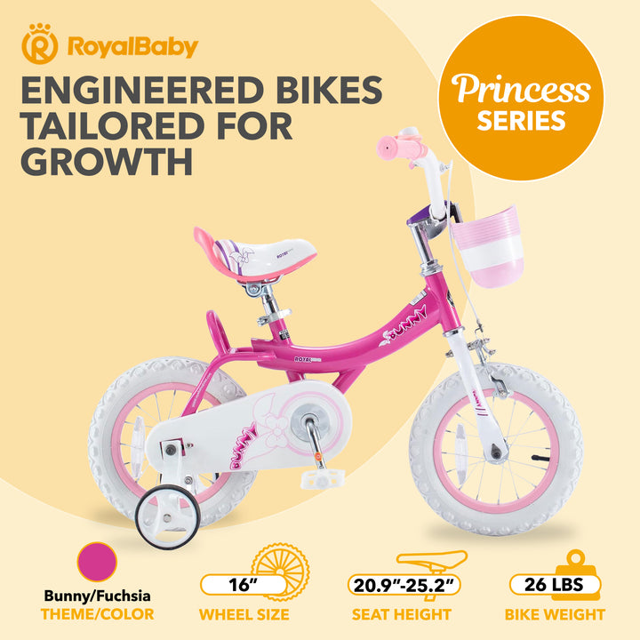 RoyalBaby Princess Girl Bike 16" w/Training Wheels & Kickstand, Bunny/Fuchsia