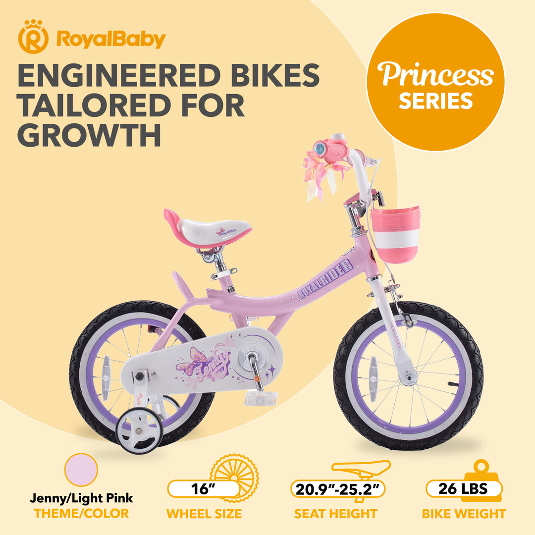 RoyalBaby Princess Girl Bicycle 16" with Training Wheels & Kickstand, Jenny/Pink