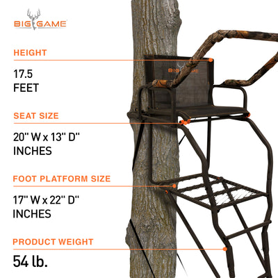 Big Game Striker XL 17.5' Ladder Treestand with Flip-Back Seat and Rail, Black