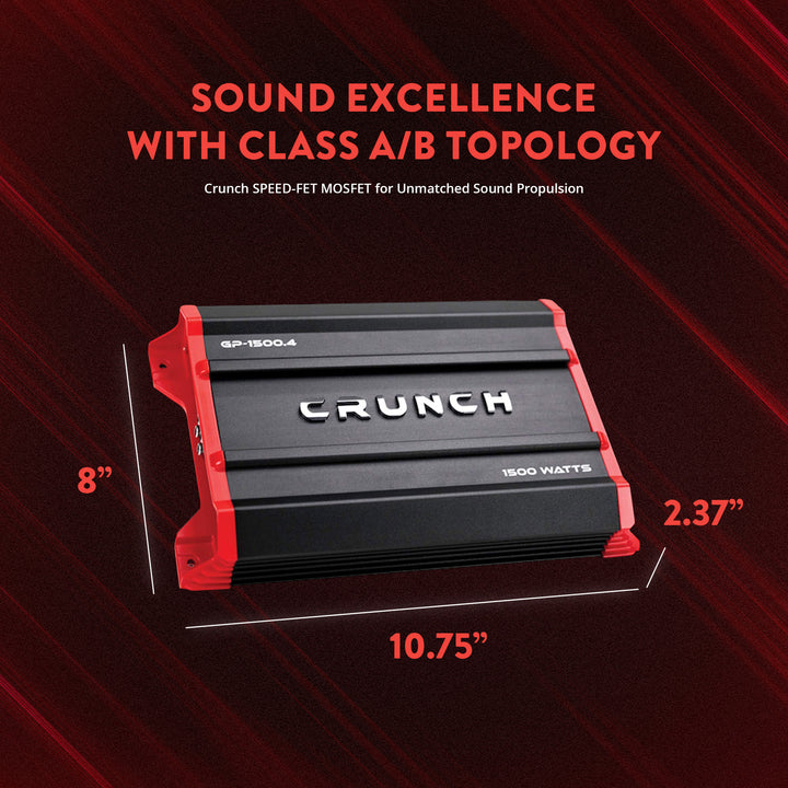 Crunch 1,500 Watt Adjustable 12dB Ground Pounder Car Amplifier, GP-1500.4, Black