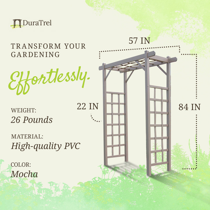Dura-Trel Elmwood Arbor 57" x 84" PVC Outdoor Garden Arch Lattice Trellis, Mocha - VMInnovations