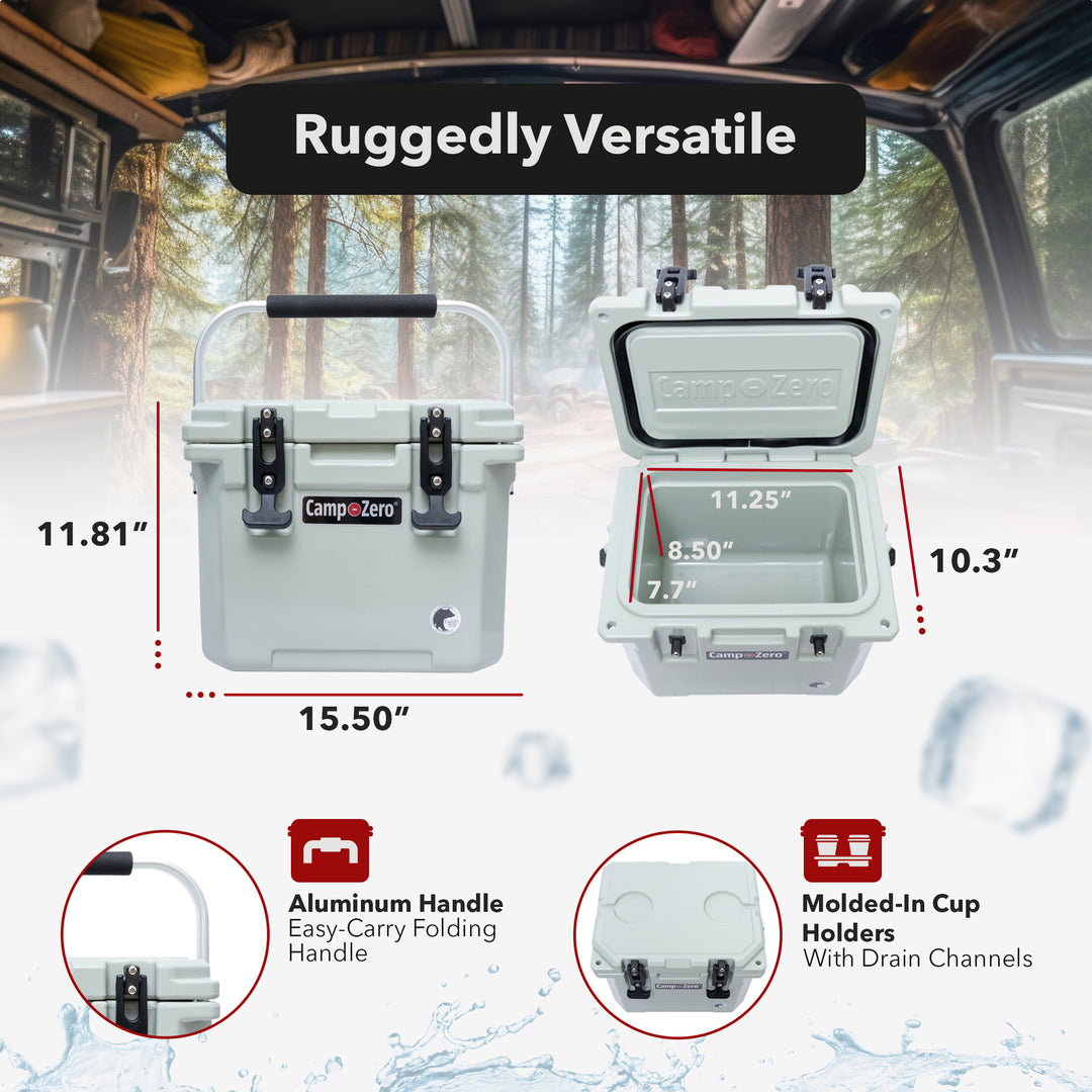 CAMP-ZERO 10 Liter 10.6 Quart Lidded Cooler with 2 Molded In Cup Holders, Sage - VMInnovations