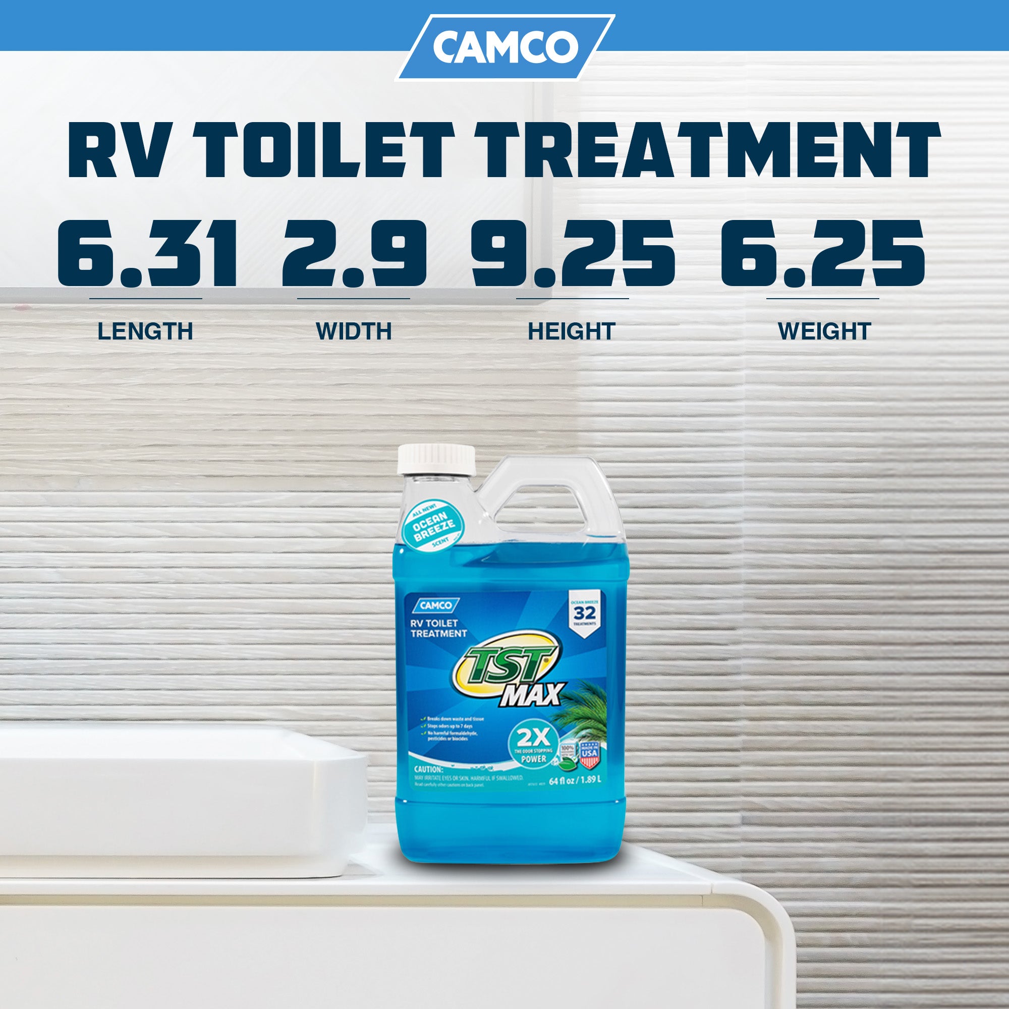 Camco TST MAX Ocean Scent 64 Oz RV Toilet Treatment to Eliminate Odors, Blue