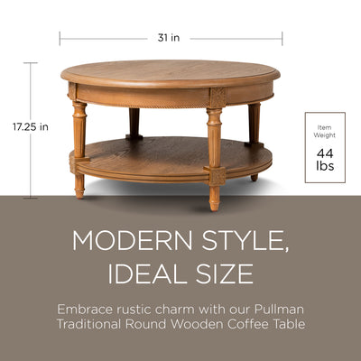 Maven Lane Pullman Traditional Round Wooden Coffee Table, Natural Finish (Used)