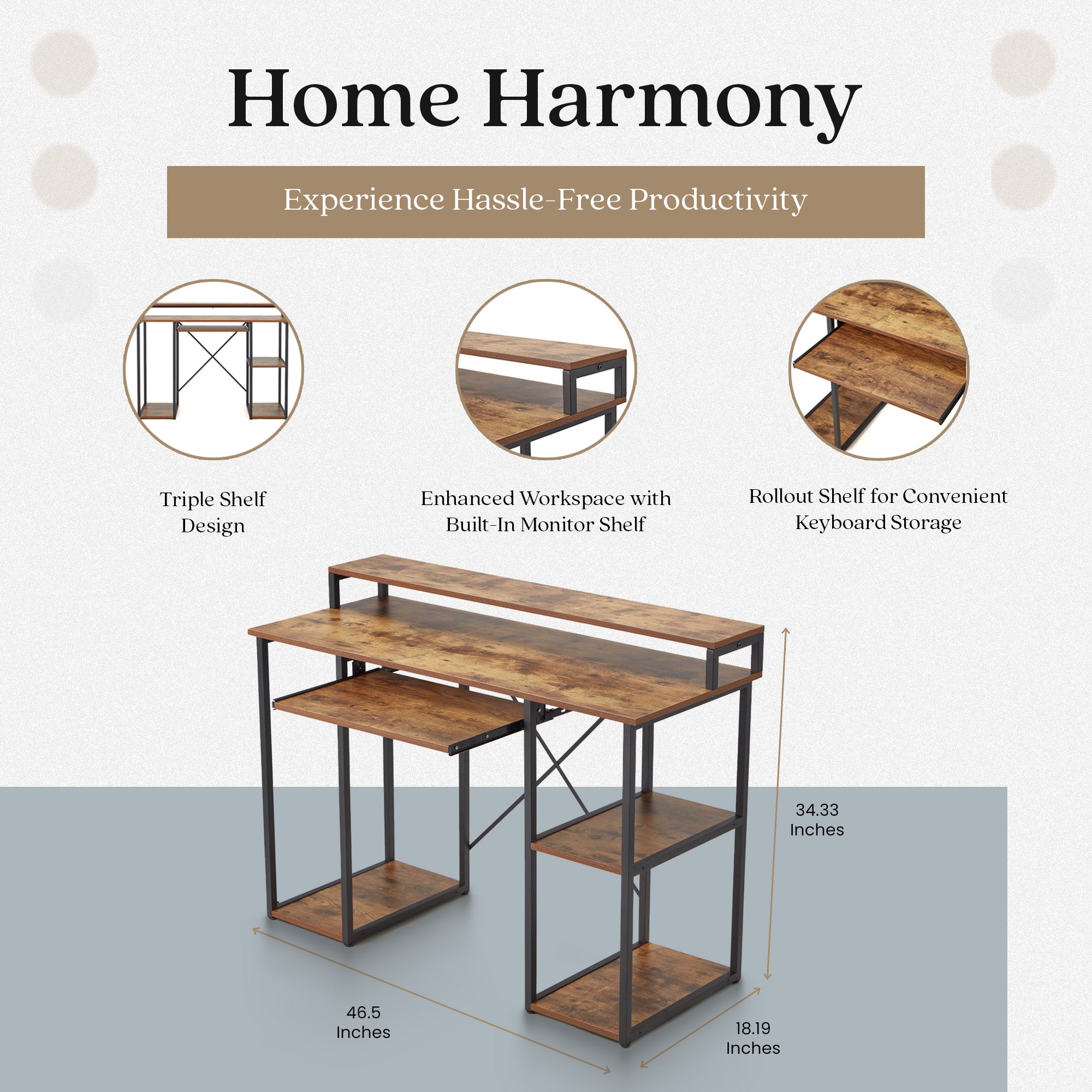 JOMEED Computer Desk with Monitor Shelf for At-Home Office Space, Brown/Black - VMInnovations