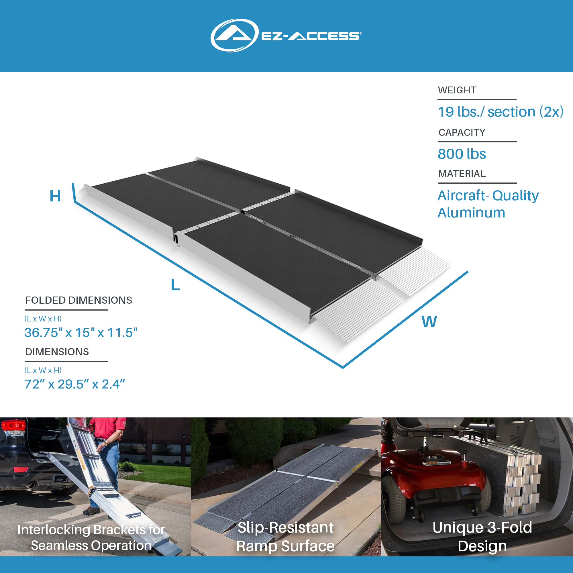 EZ-ACCESS SUITCASE 6 Foot TRIFOLD Portable Ramp with Surface That Resists Slips - VMInnovations