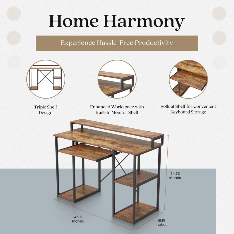 JOMEED Computer Desk w/Monitor Shelf for At-Home Office, Brown/Black (Open Box)