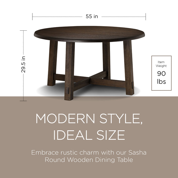 Maven Lane Sasha Round Wooden Dining Table in Weathered Brown Finish