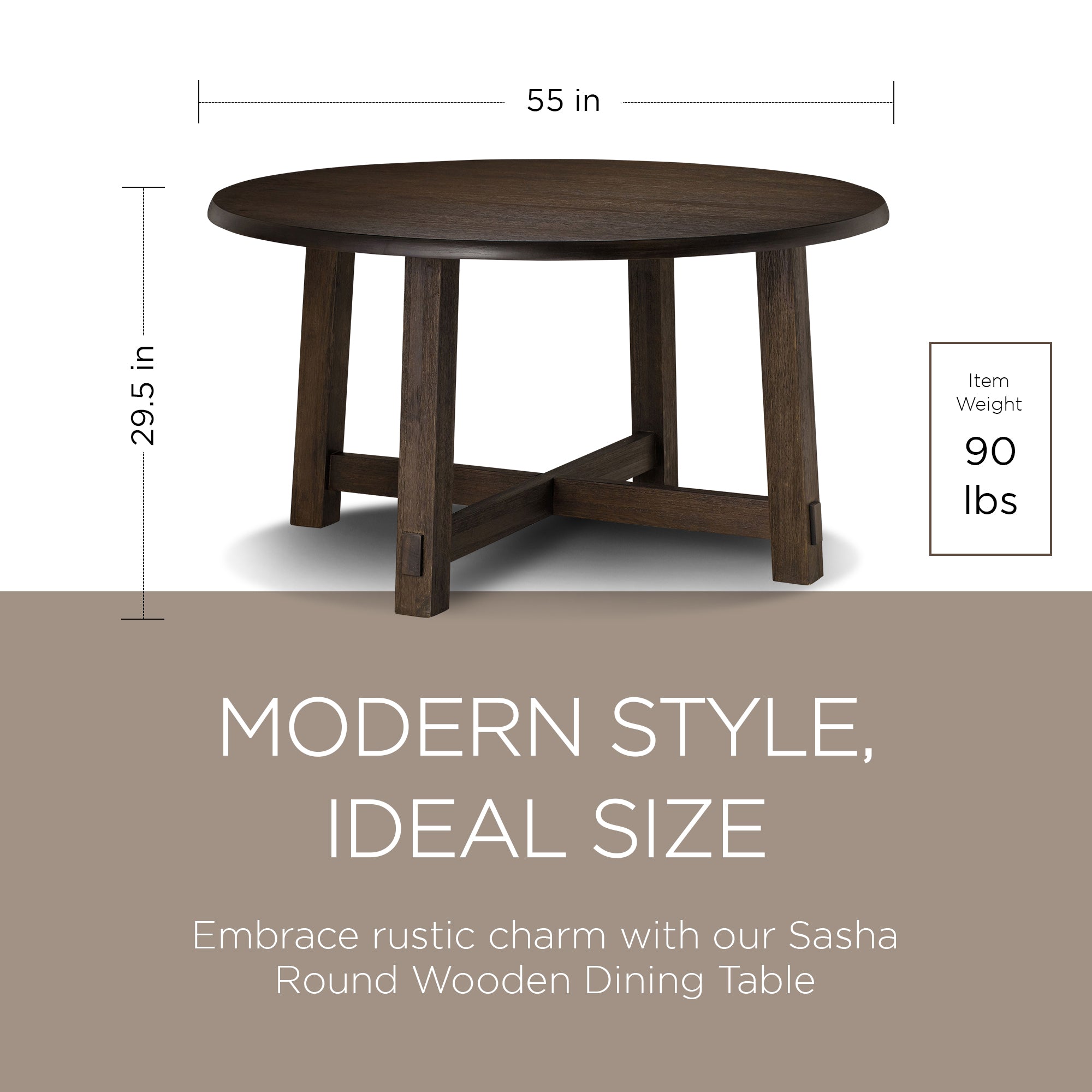 Maven Lane Sasha Round Wooden Dining Table in Weathered Brown Finish (Open Box)