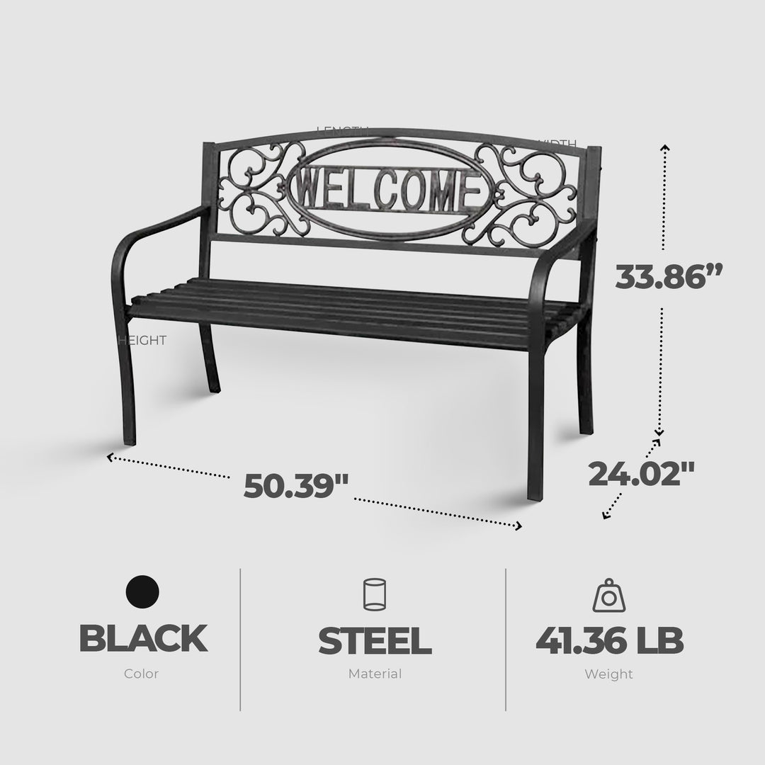 Four Seasons Courtyard Welcome Steel Park Bench with 500lb Capacity, Black(Used)