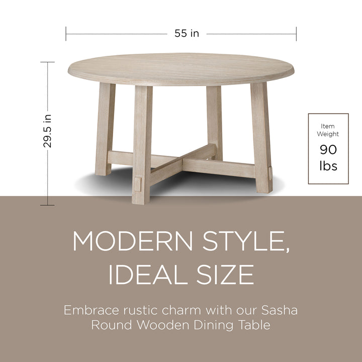 Maven Lane Sasha Round Wooden Dining Table in Weathered White Finish