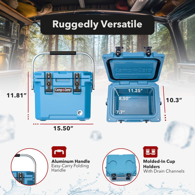 CAMP-ZERO 10 Liter 10.6 Quart Lidded Cooler w/2 Molded In Cup Holders, Turquoise - VMInnovations