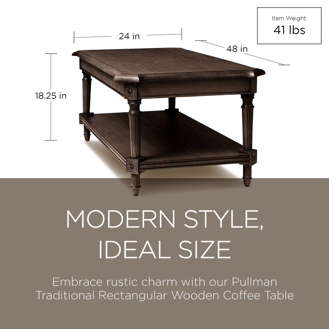 Maven Lane Pullman Traditional Rectangular Wooden Coffee Table, Antiqued Brown - VMInnovations