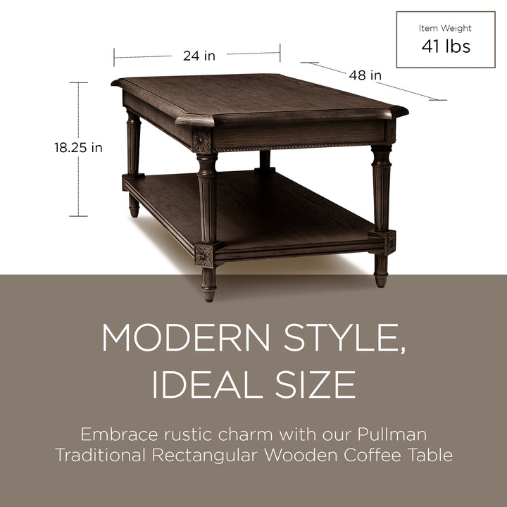Maven Lane Pullman Traditional Rectangular Wooden Coffee Table, Antiqued Brown - VMInnovations