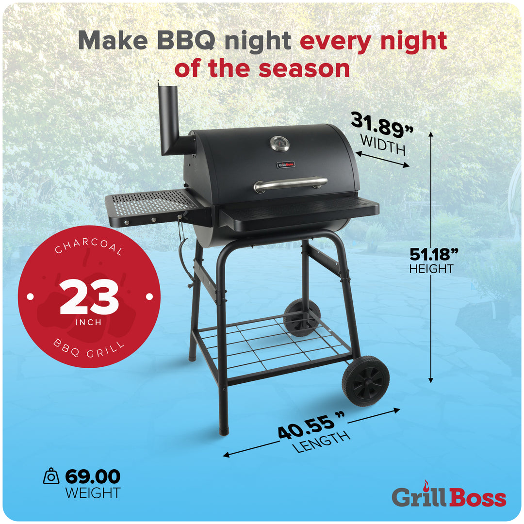 Grill Boss 23" Charcoal Barrel Grill, Adjustable Grate Large Cooking Area, Black