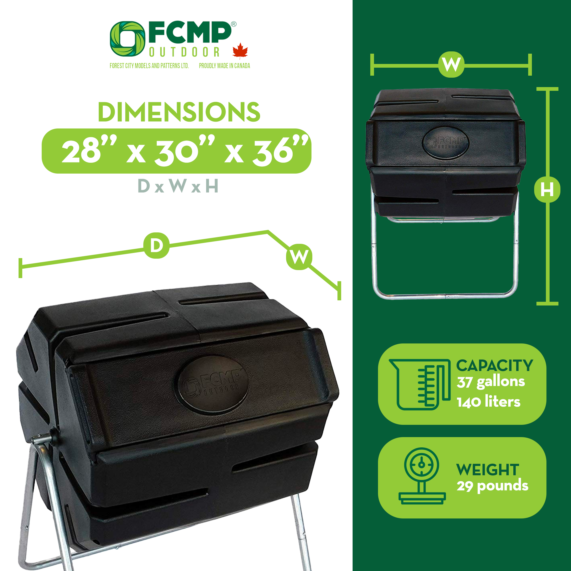 FCMP Outdoor 37 Gallon 1 Piece Tumbling Composter Bin for Soil (Open Box)
