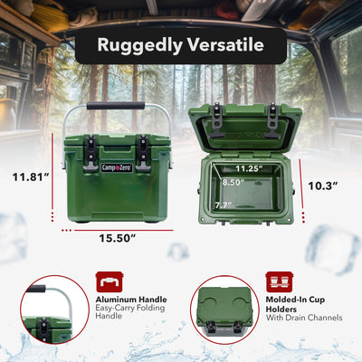 CAMP-ZERO 10 Liter 10.6 Quart Lidded Cooler with 2 Molded In Cup Holders, Green - VMInnovations