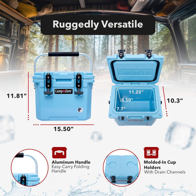 CAMP-ZERO 10 Liter 10.6 Quart Lidded Cooler with 2 Molded In Cup Holders, Sky - VMInnovations