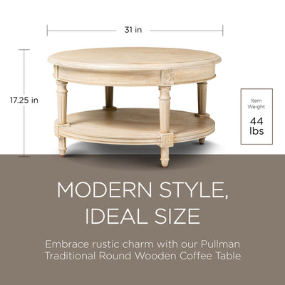 Maven Lane Pullman Traditional Round Wooden Coffee Table, Antiqued White Finish - VMInnovations