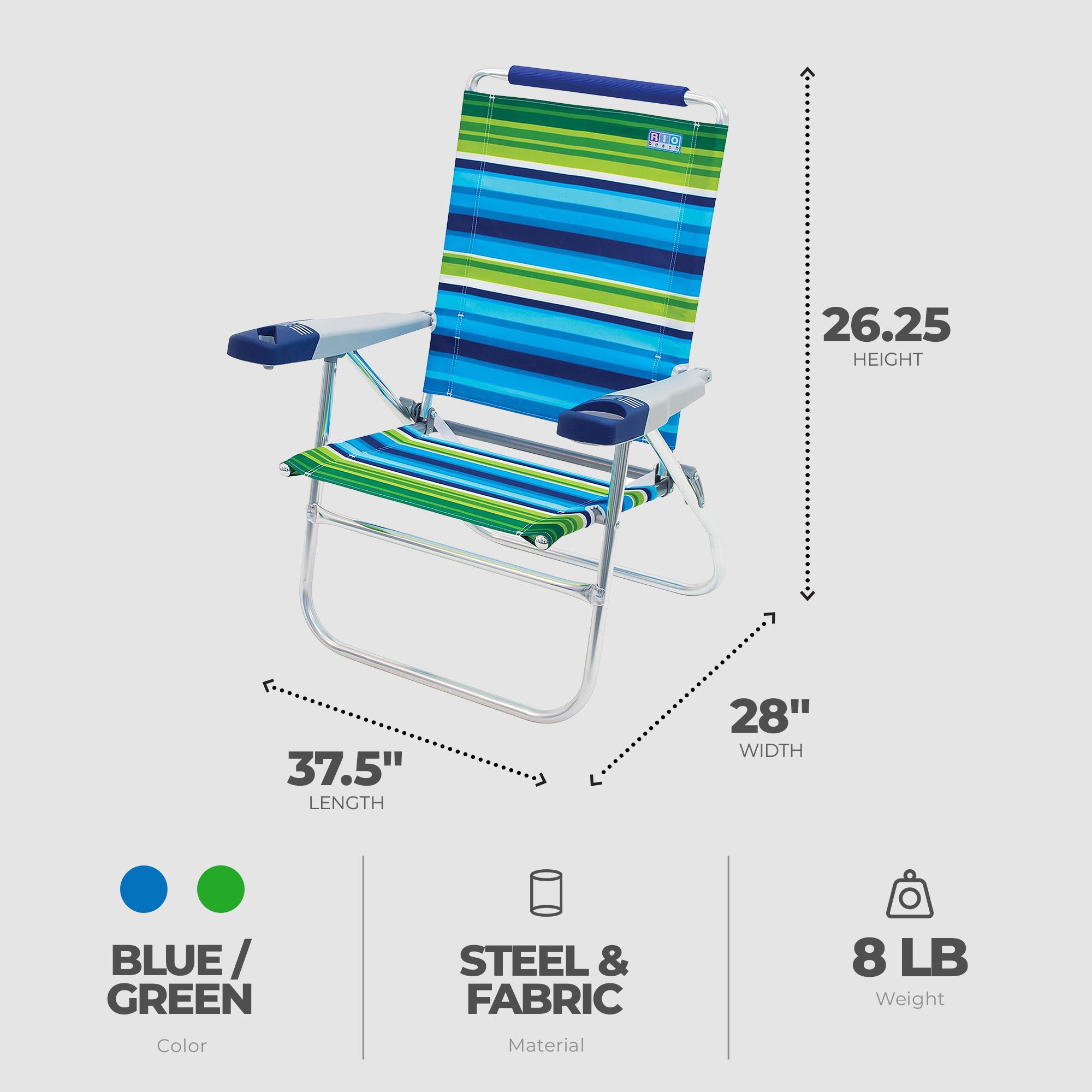 RIO Brands 15 Inch Cushioned Beach Chair w/Aluminum Frame, Blue/Green (4 Pack) - VMInnovations