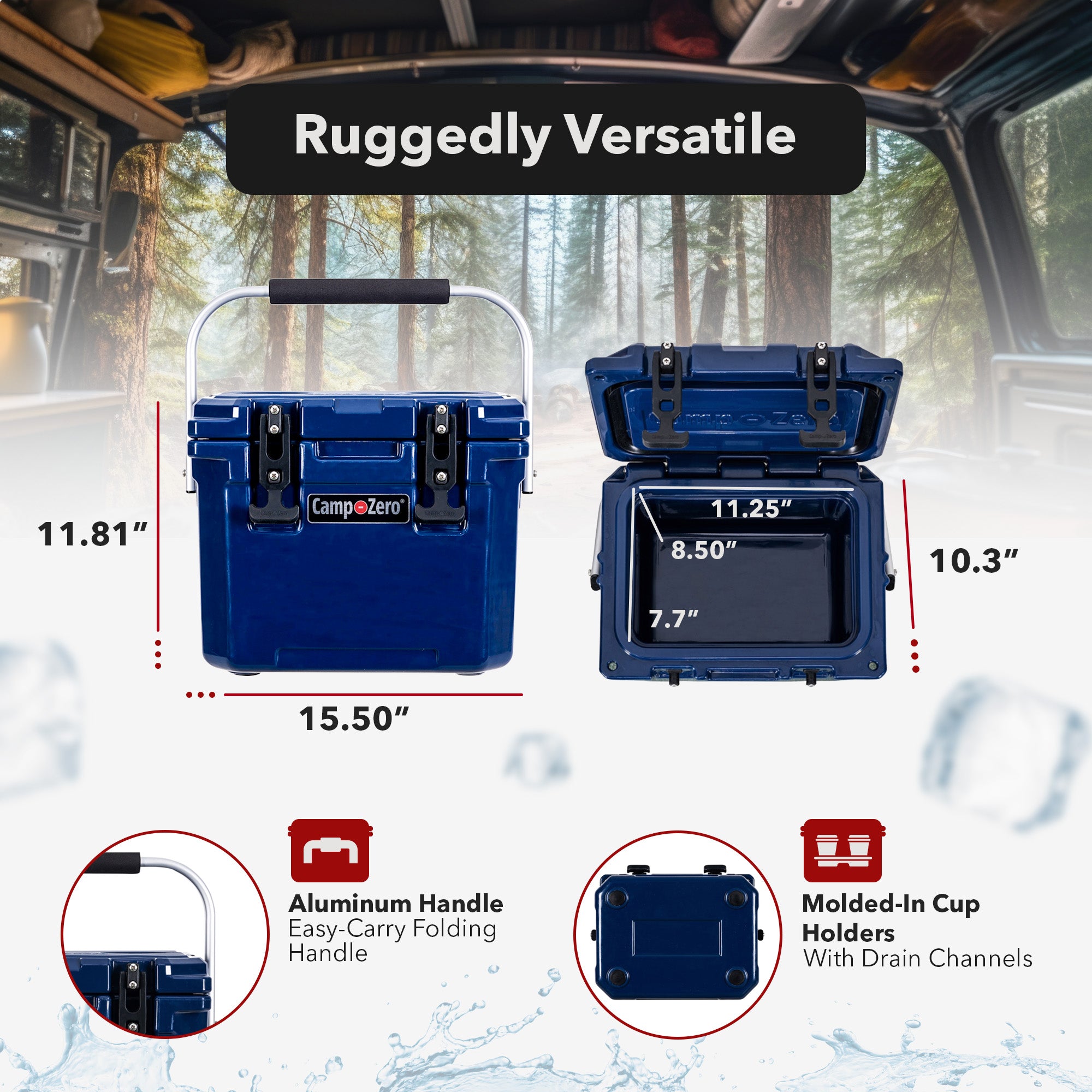 CAMP-ZERO 10 Liter 10.6 Quart Lidded Cooler with 2 Molded In Cup Holders, Navy - VMInnovations