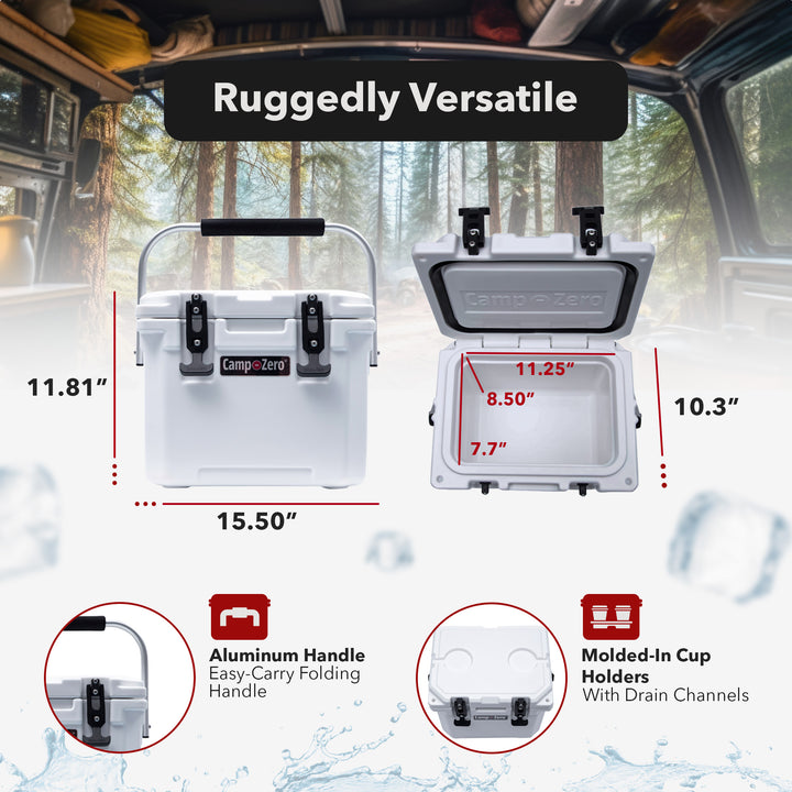 CAMP-ZERO 10 Liter 10.6 Quart Lidded Cooler with 2 Molded In Cup Holders, White - VMInnovations