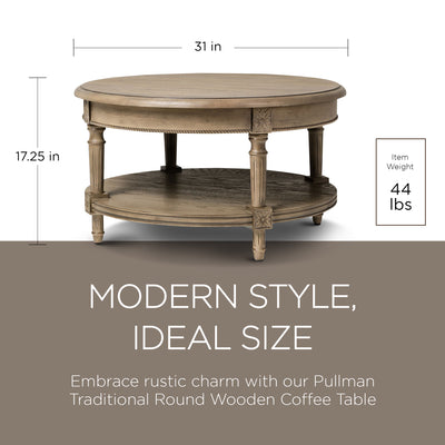 Maven Lane Pullman Traditional Round Wooden Coffee Table in Antiqued Grey Finish - VMInnovations