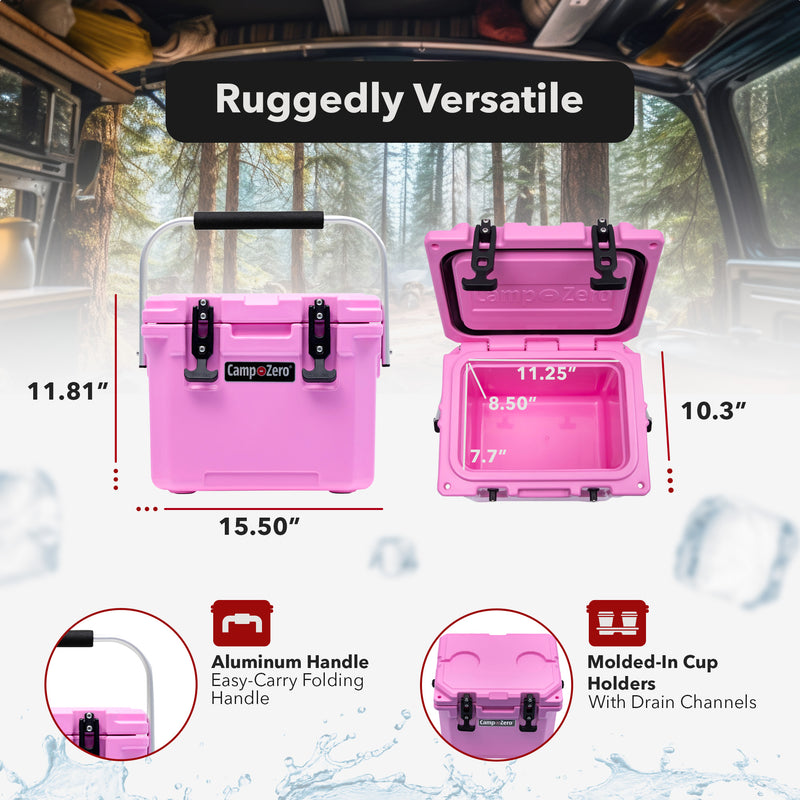 CAMP-ZERO 10 Liter 10.6 Quart Lidded Cooler with 2 Molded In Cup Holders, Pink