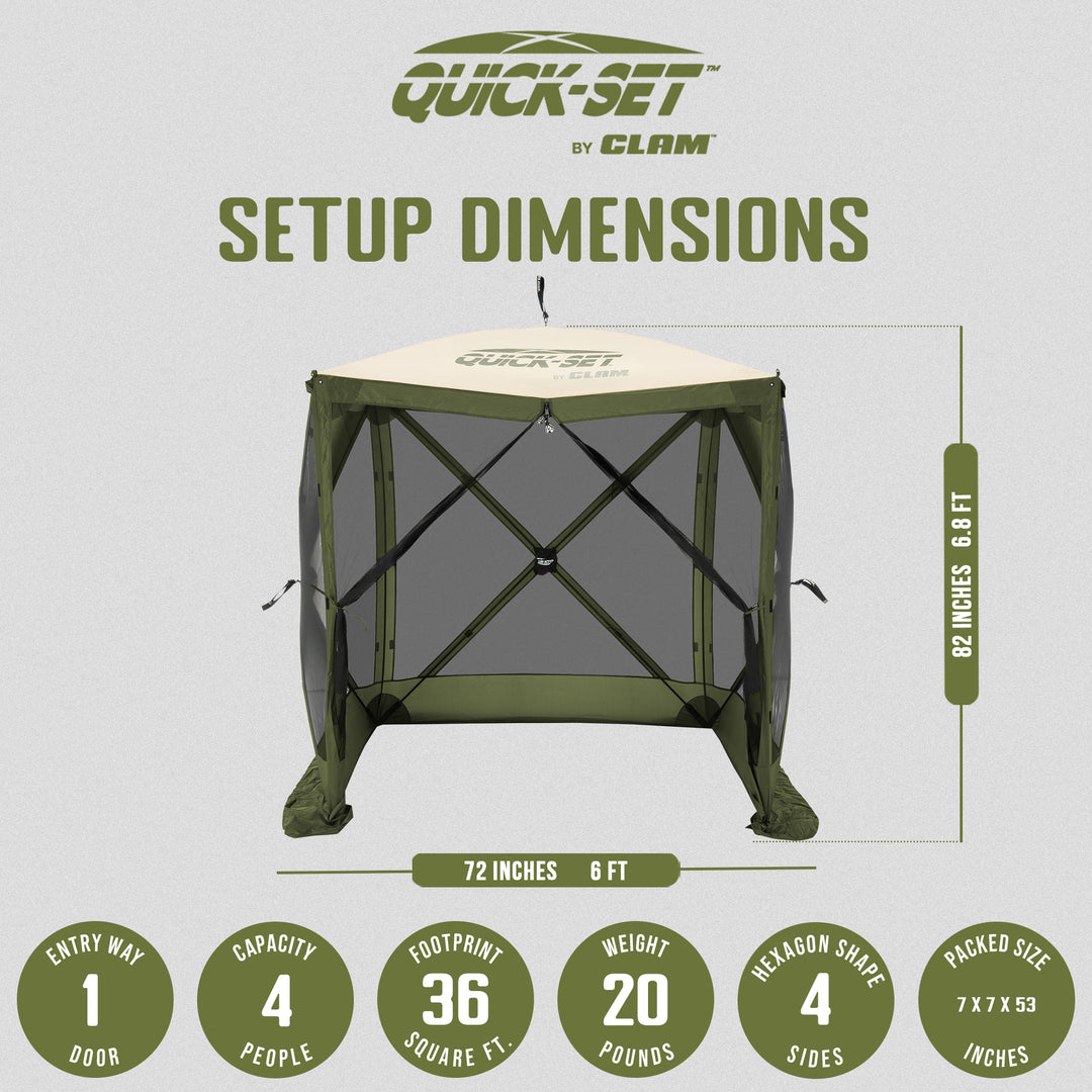 CLAM Quick-Set Traveler 6x6Ft Portable Outdoor 4 Sided Canopy Shelter, Green/Tan