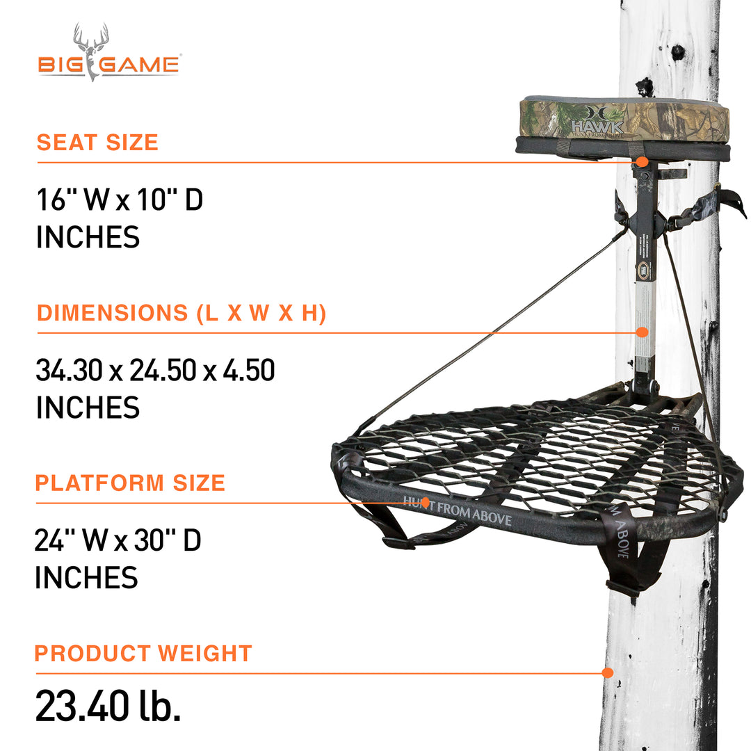 Hawk Mega Combat Hang On Tree Stand, Deer Stand with XL Saddle Hunting Platform - VMInnovations