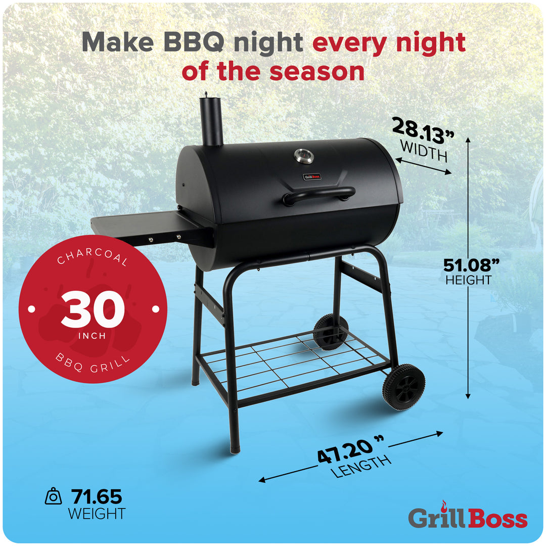 Grill Boss 30" Charcoal Barrel Grill, Adjustable Grate Large Cooking Area, Black