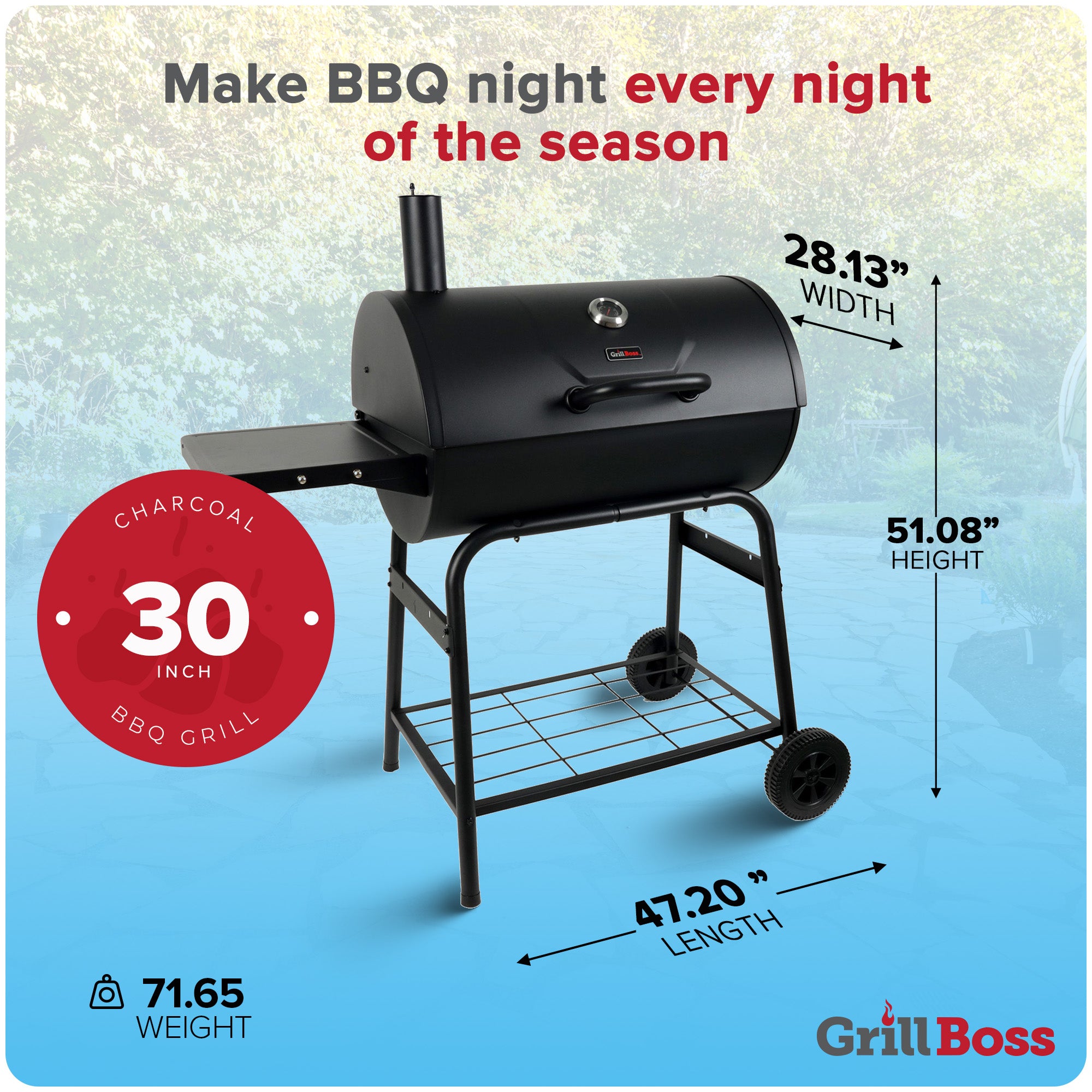 Grill Boss 30" Charcoal Barrel Grill, Adjustable Grate Large(For Parts) - VMInnovations