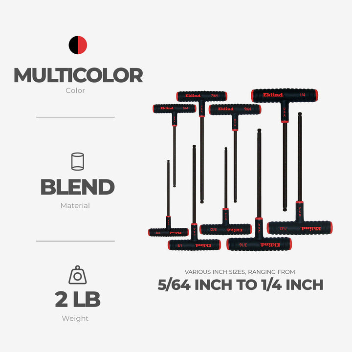 Eklind Tool 9 Piece Set Power T Handle Ball Hex Key Alloy Steel Allen Wrench
