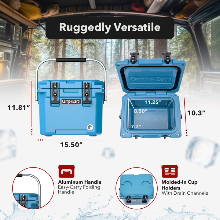 CAMP-ZERO 10 Liter 10.6 Quart Lidded Cooler w/2 Molded In Cup Holders, Turquoise - VMInnovations