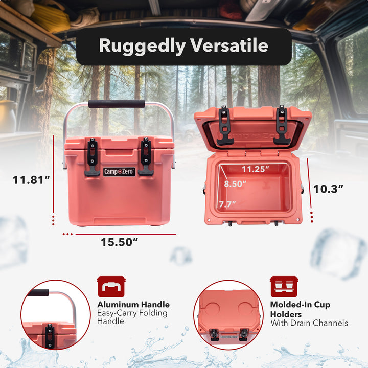 CAMP-ZERO 10 Liter 10.6 Quart Lidded Cooler with 2 Molded In Cup Holders, Coral - VMInnovations