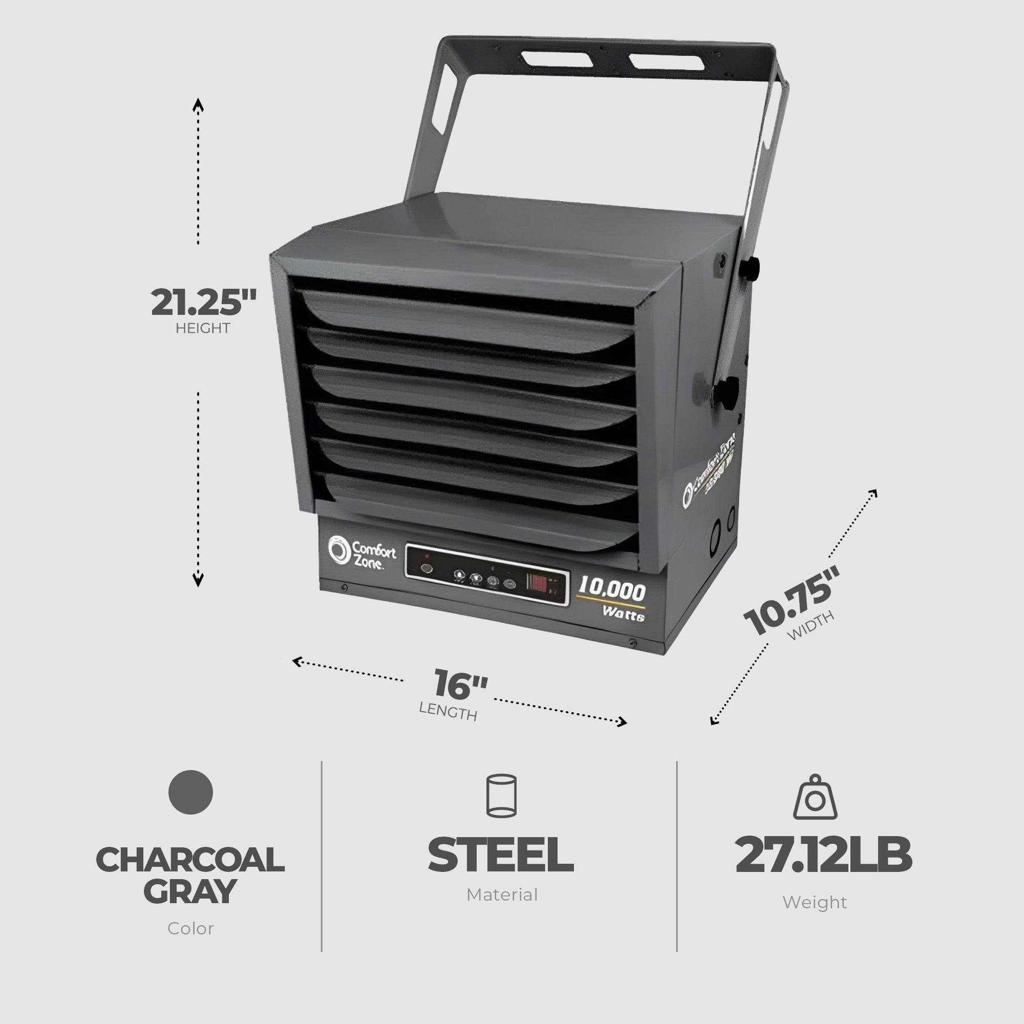 Comfort Zone 10,000W Fan Forced Ceiling Mount Industrial Heater, Charcoal Gray - VMInnovations