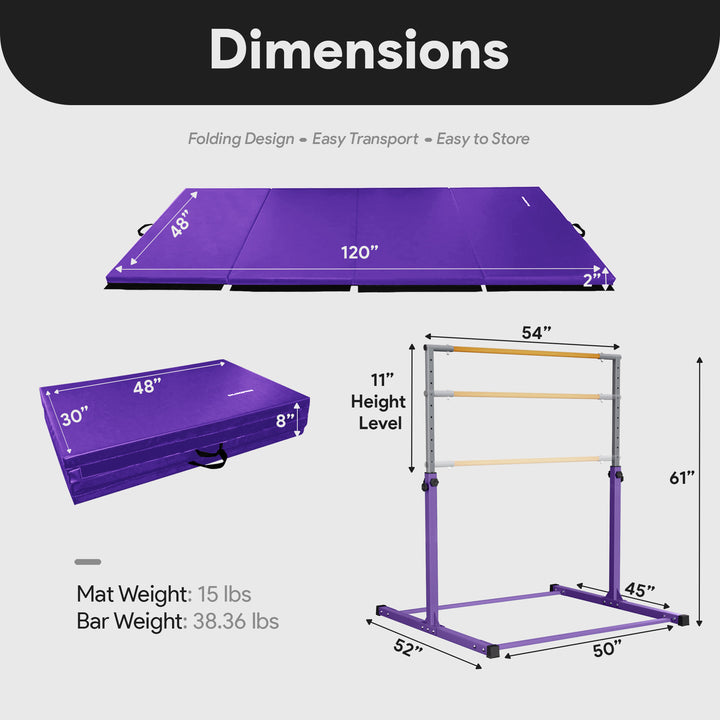 BalanceFrom Fitness 120" x 48" Exercise Mat & Adjustable Gymnastics Bar, Purple