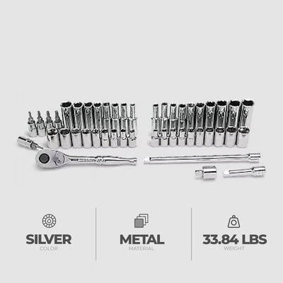 Master Mechanic 45-Piece SAE Socket Tool Set, 1/4 Inch Drive, Ratchet Wrench Kit - VMInnovations