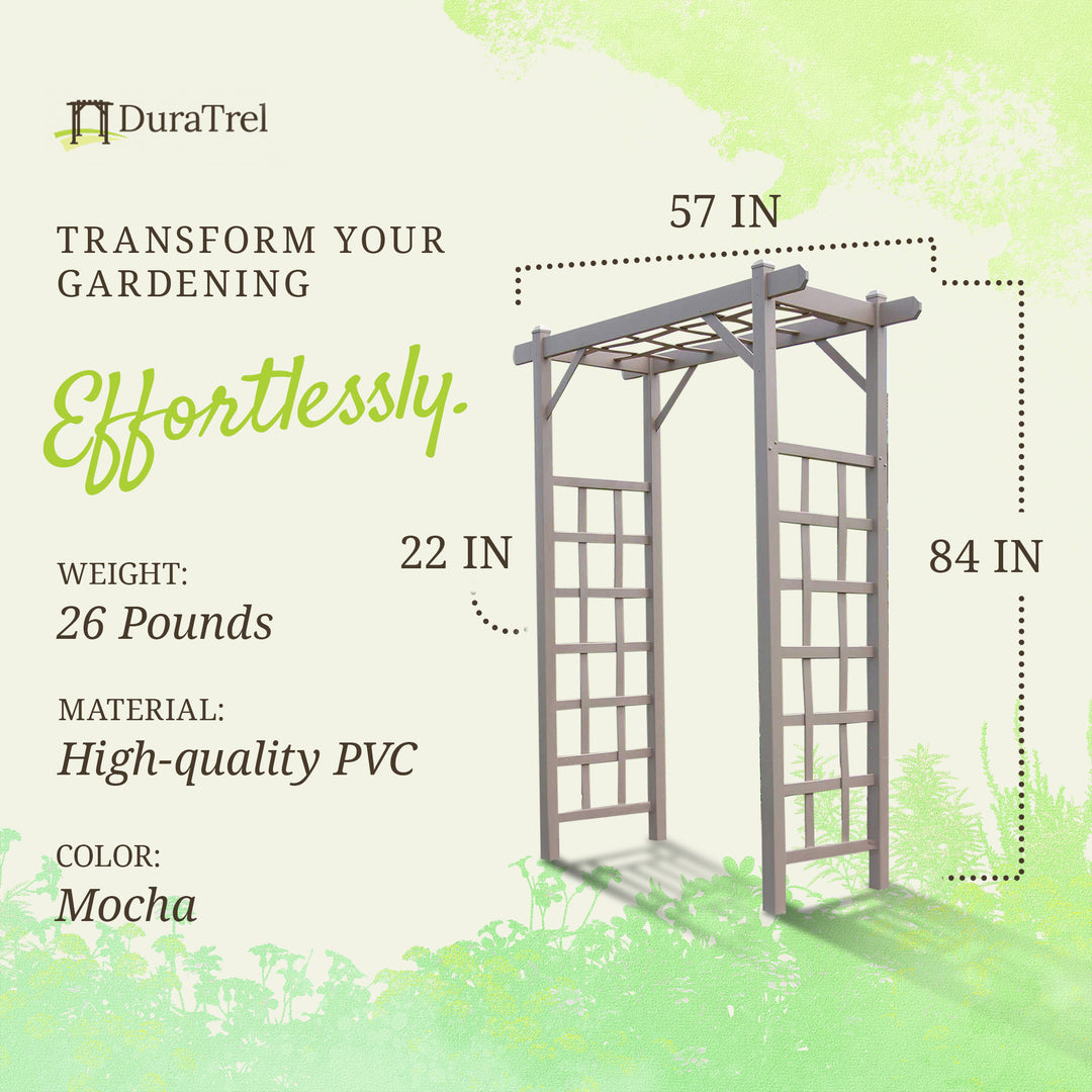 Dura-Trel Elmwood Arbor 57" x 84" PVC Outdoor Garden Arch Lattice Trellis, Mocha