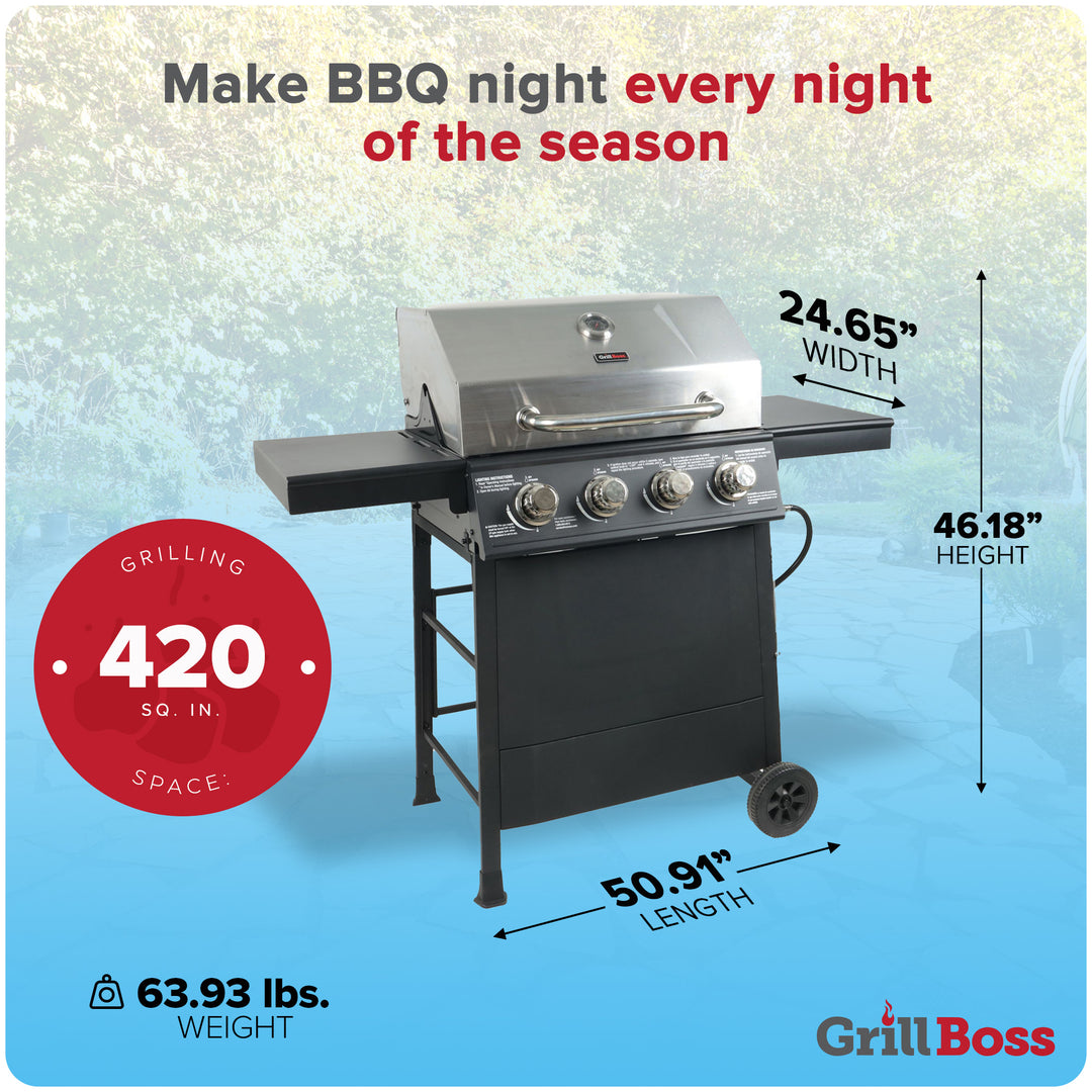 Grill Boss 4-Burner Outdoor Propane Gas Grill with Side Burner and Wheels, Black
