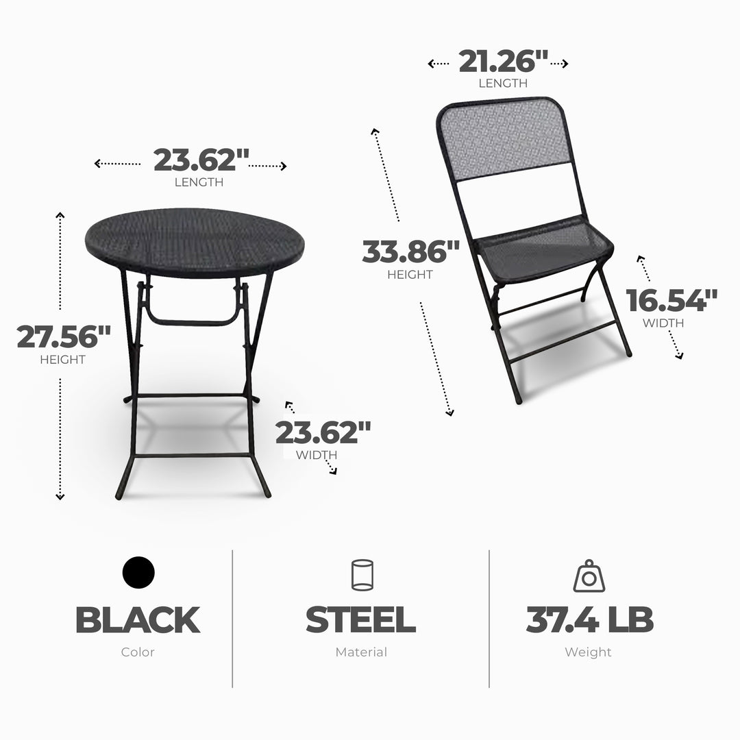 Four Seasons Courtyard Padova Foldable 3 Piece Steel Bistro Dining Set, Black - VMInnovations